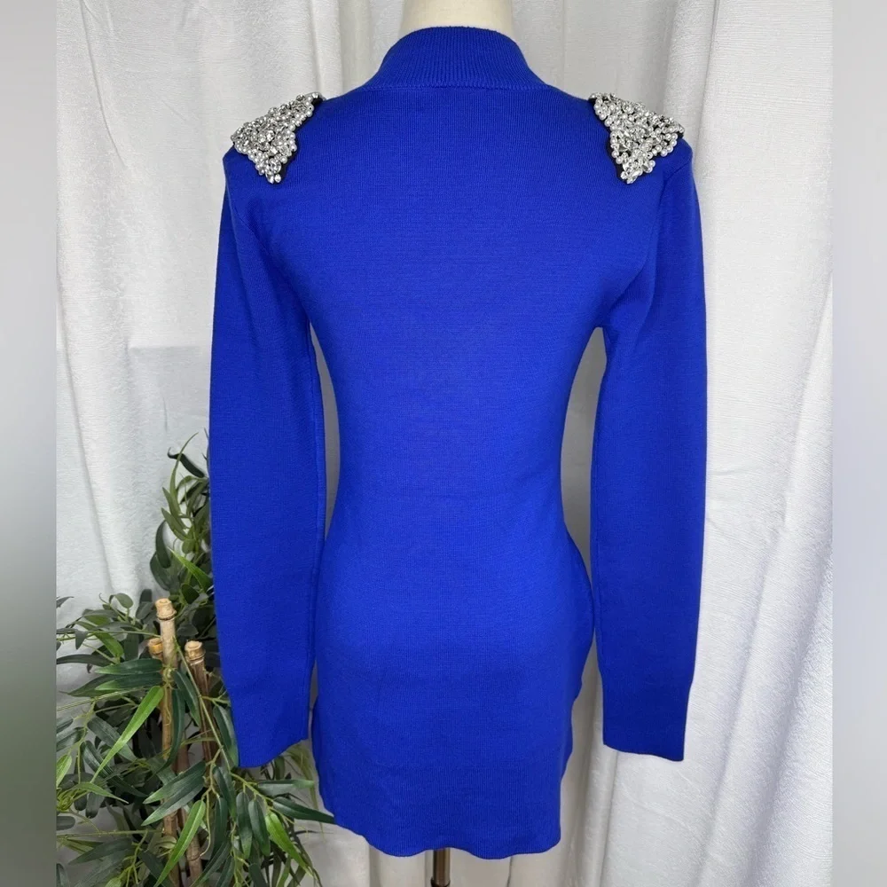 NWT Bebe Embellished Mock Neck Tunic Sweater in Galactic Cobalt Sz M